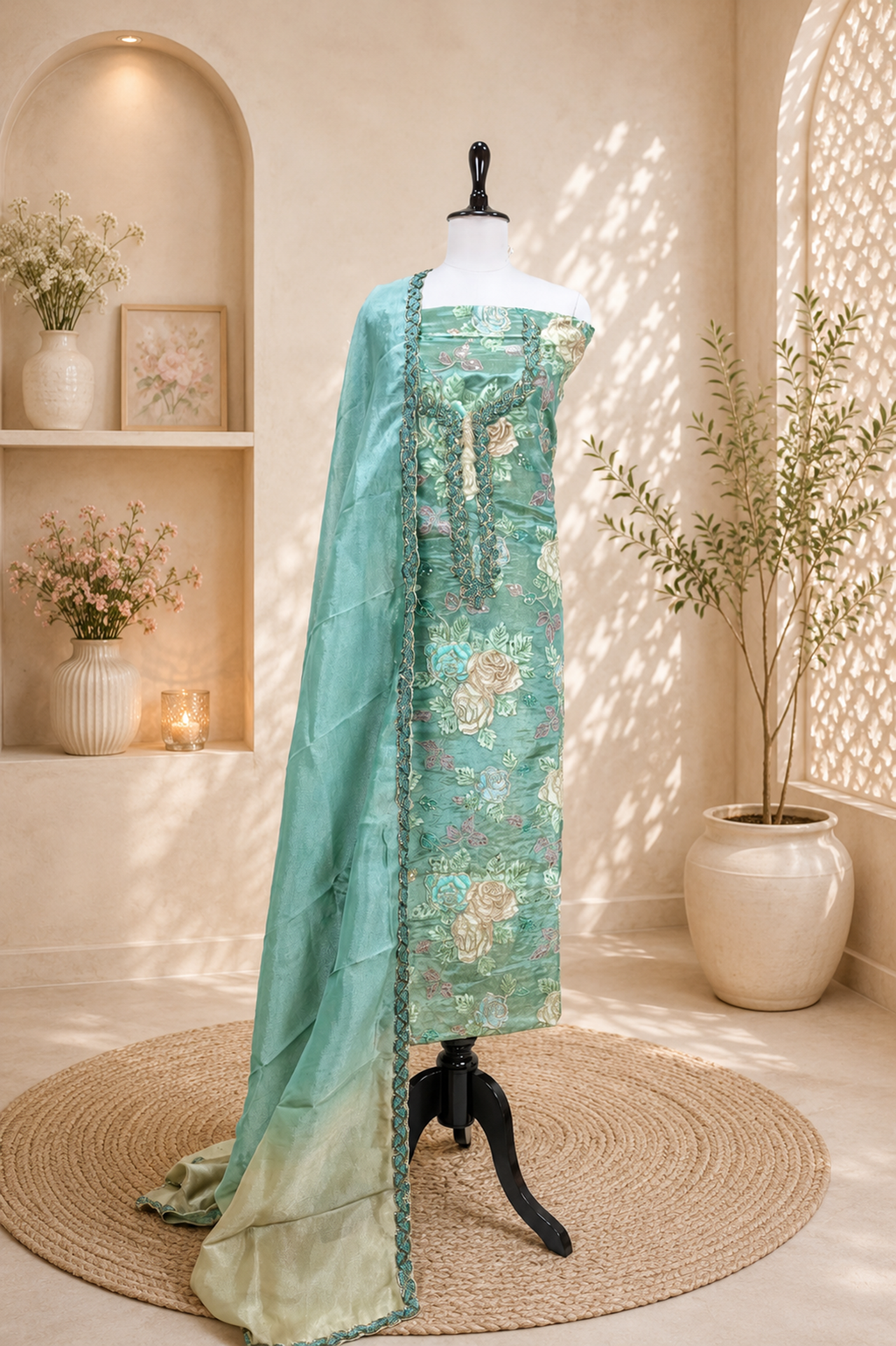 Turquoise Green Featuring Floral Embroidery and Decorative Beadwork Sequined Applique Embroidery Unstitched Suit