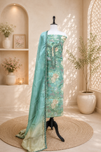 Turquoise Green Featuring Floral Embroidery and Decorative Beadwork Sequined Applique Embroidery Unstitched Suit