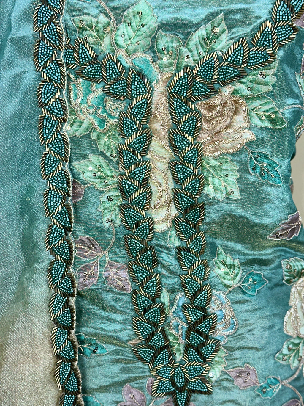 Turquoise Green Featuring Floral Embroidery and Decorative Beadwork Sequined Applique Embroidery Unstitched Suit