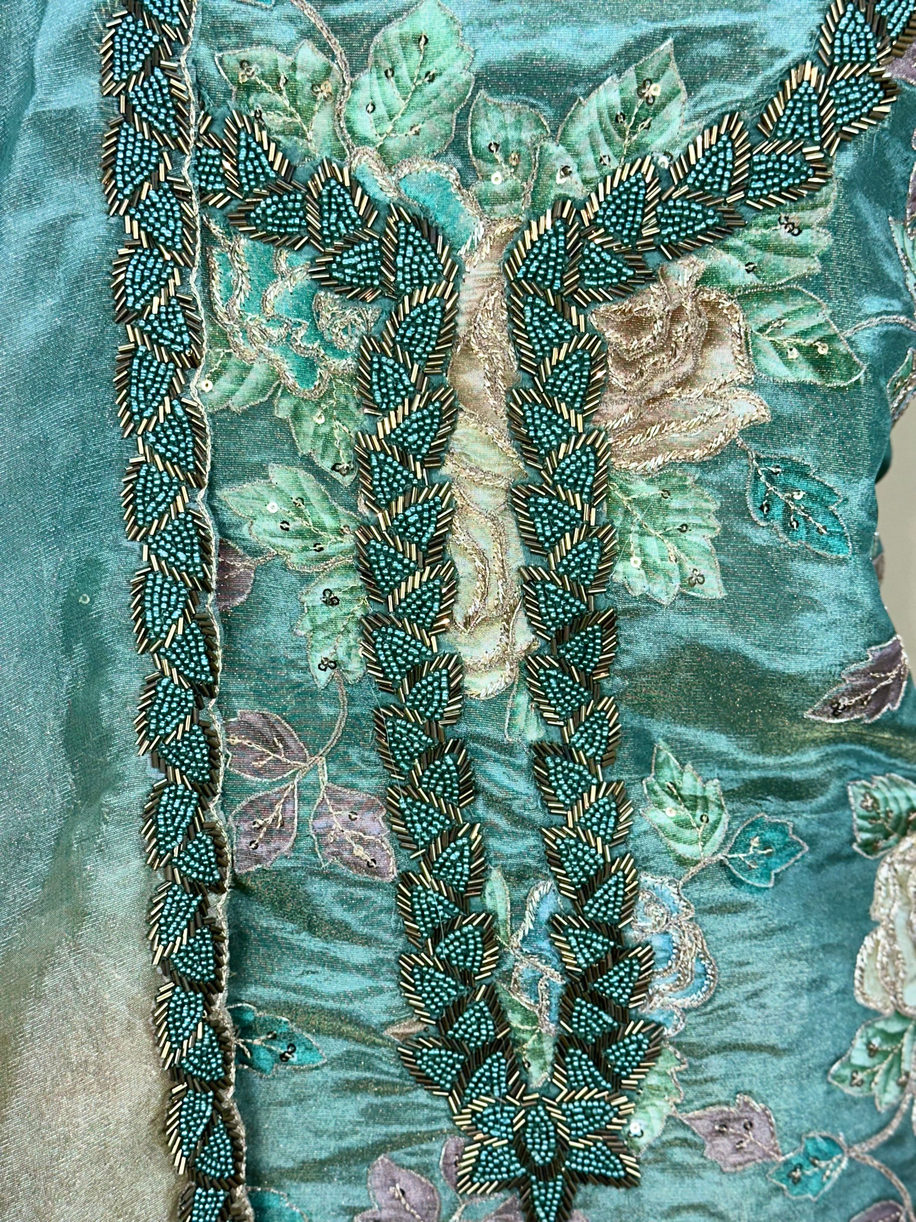Turquoise Green Featuring Floral Embroidery and Decorative Beadwork Sequined Applique Embroidery Unstitched Suit