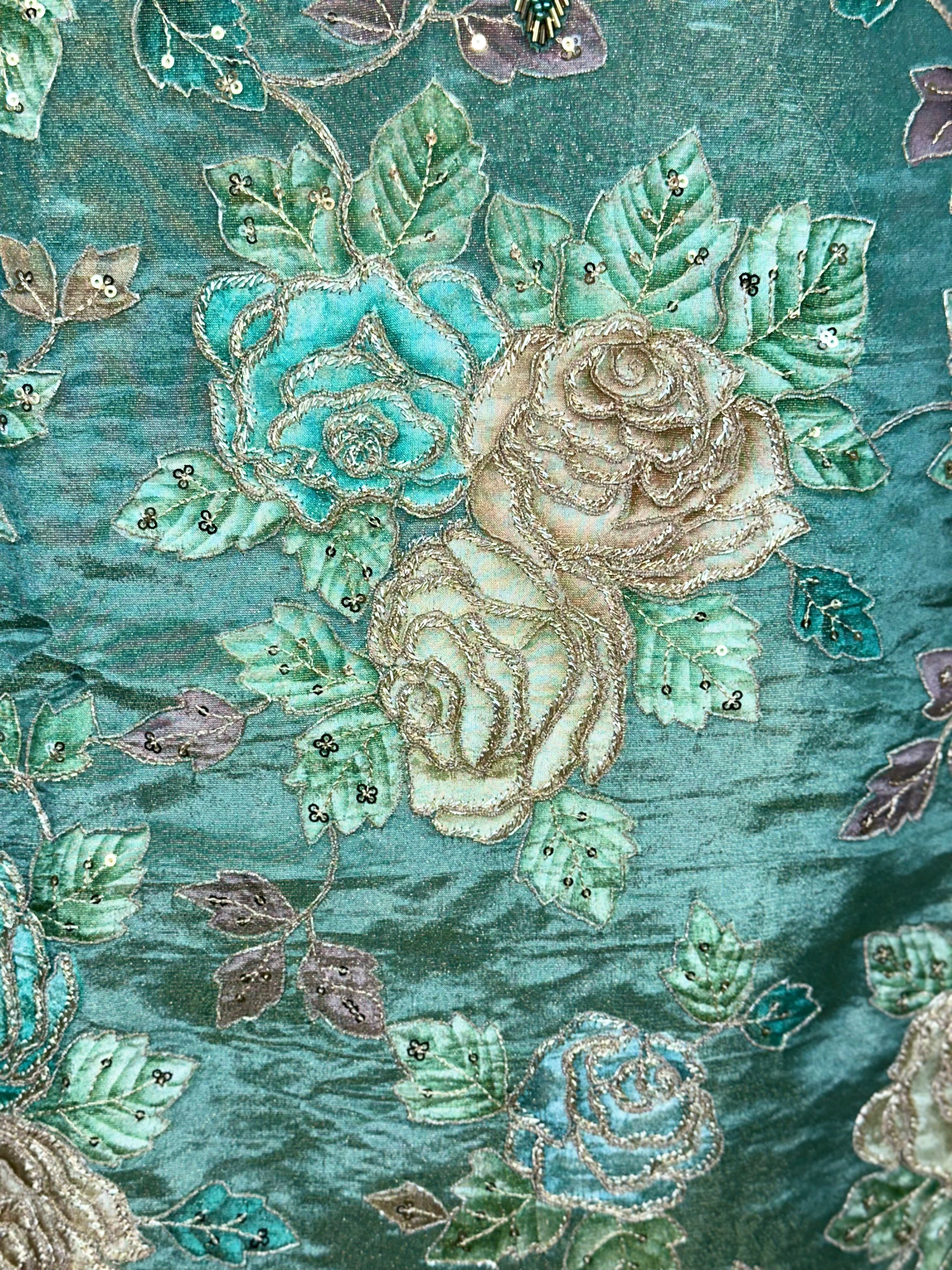 Turquoise Green Featuring Floral Embroidery and Decorative Beadwork Sequined Applique Embroidery Unstitched Suit