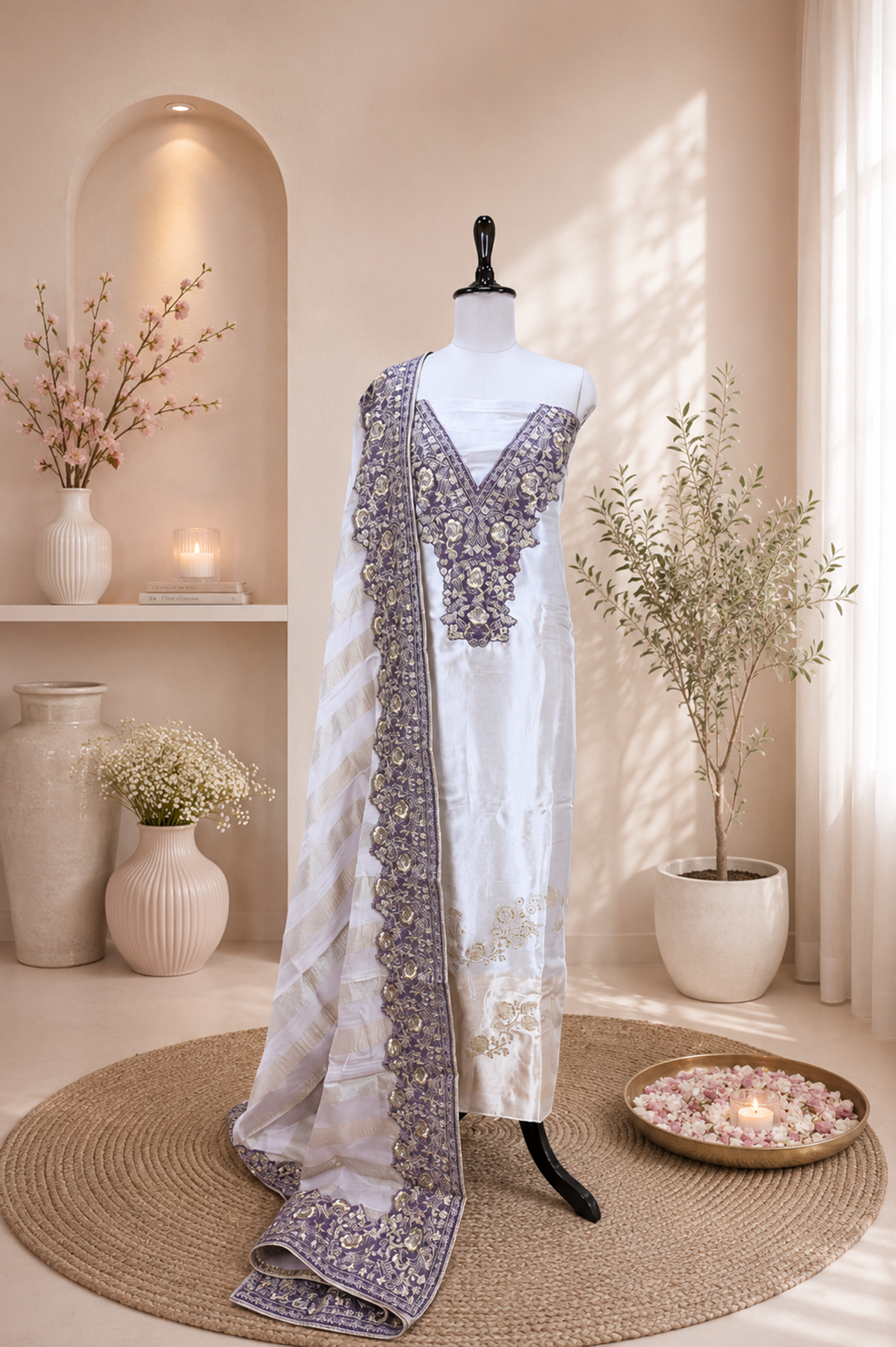 Silver Tissue Zardozi Bead Golden Thread Work with Banarsi Border Unstitched Suit
