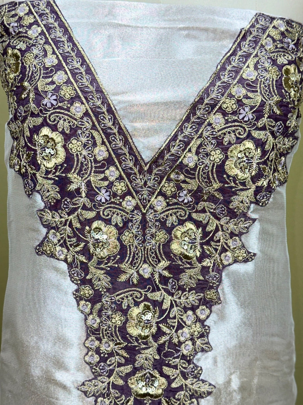 Silver Tissue Zardozi Bead Golden Thread Work with Banarsi Border Unstitched Suit