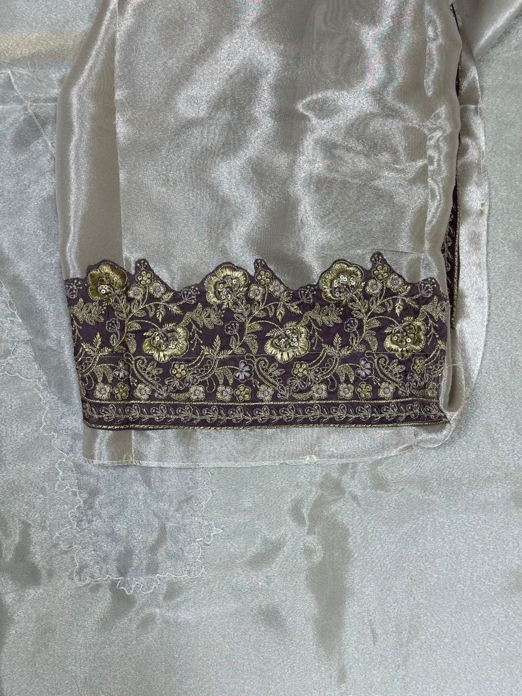 Silver Tissue Zardozi Bead Golden Thread Work with Banarsi Border Unstitched Suit