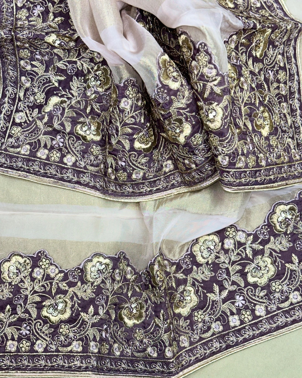Grey Burberry Silk Zardozi Bead Golden Thread Work with Banarsi Border Unstitched Suit