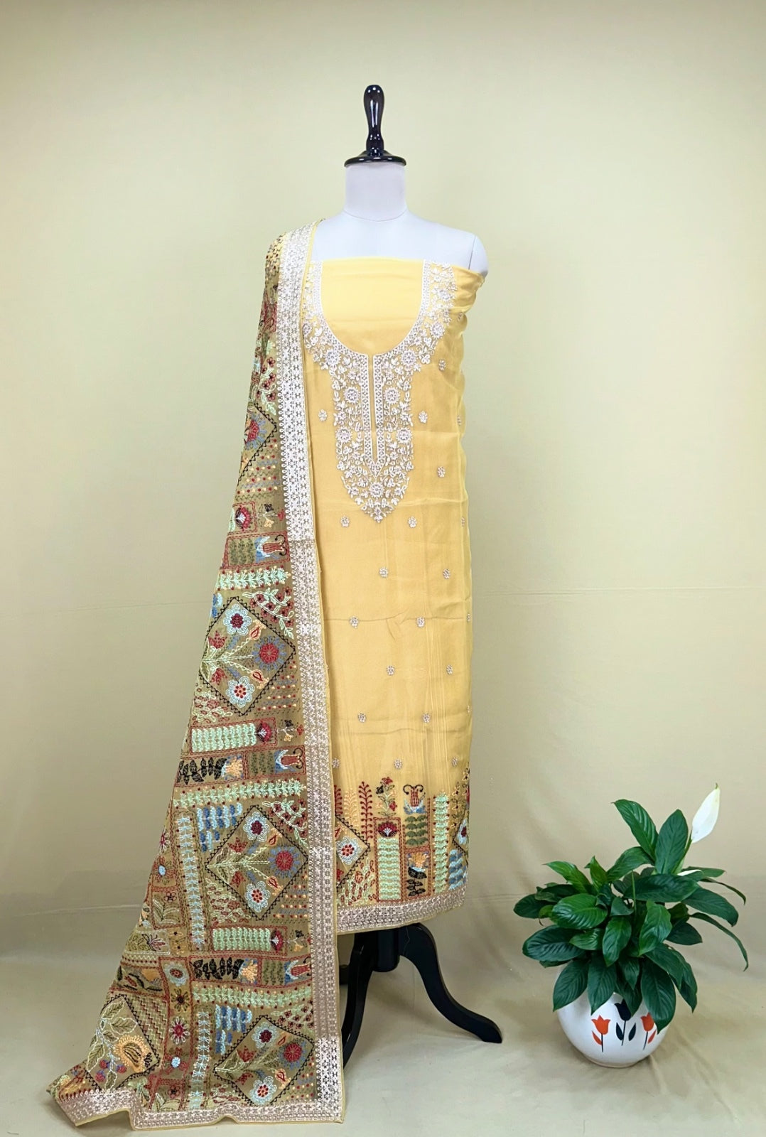 Yellow Organza Multi Colour Thread Embroidery and Heavy Silver Zari Work Unstitched Suit - Kalamusk