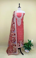 Red Organza Multi Colour Thread Embroidery and Heavy Silver Zari Work Unstitched Suit - Kalamusk