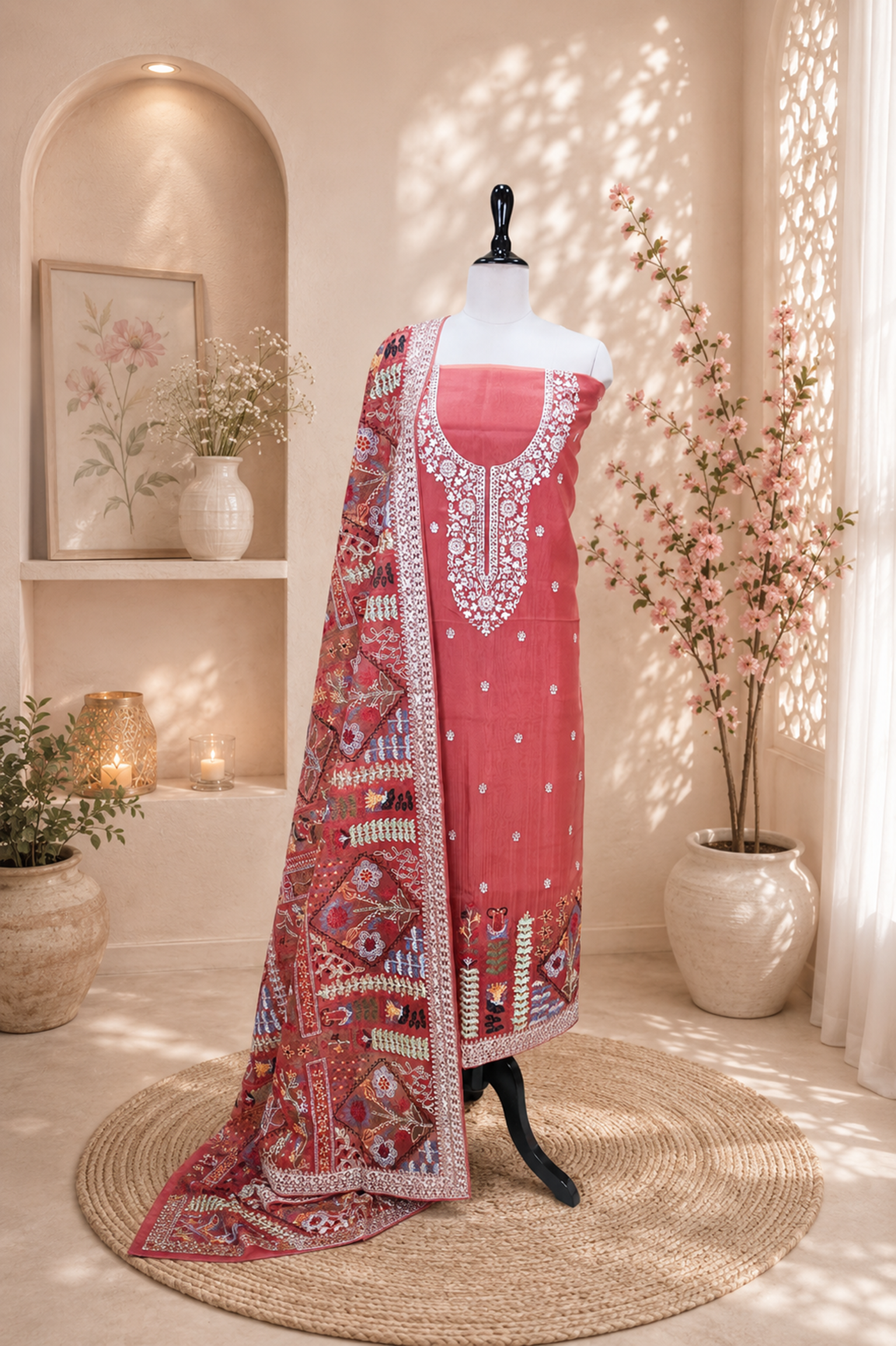 Red Organza Multi Colour Thread Embroidery and Heavy Silver Zari Work Unstitched Suit