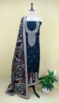 Black Organza Multi Colour Thread Embroidery and Heavy Silver Zari Work Unstitched Suit - Kalamusk
