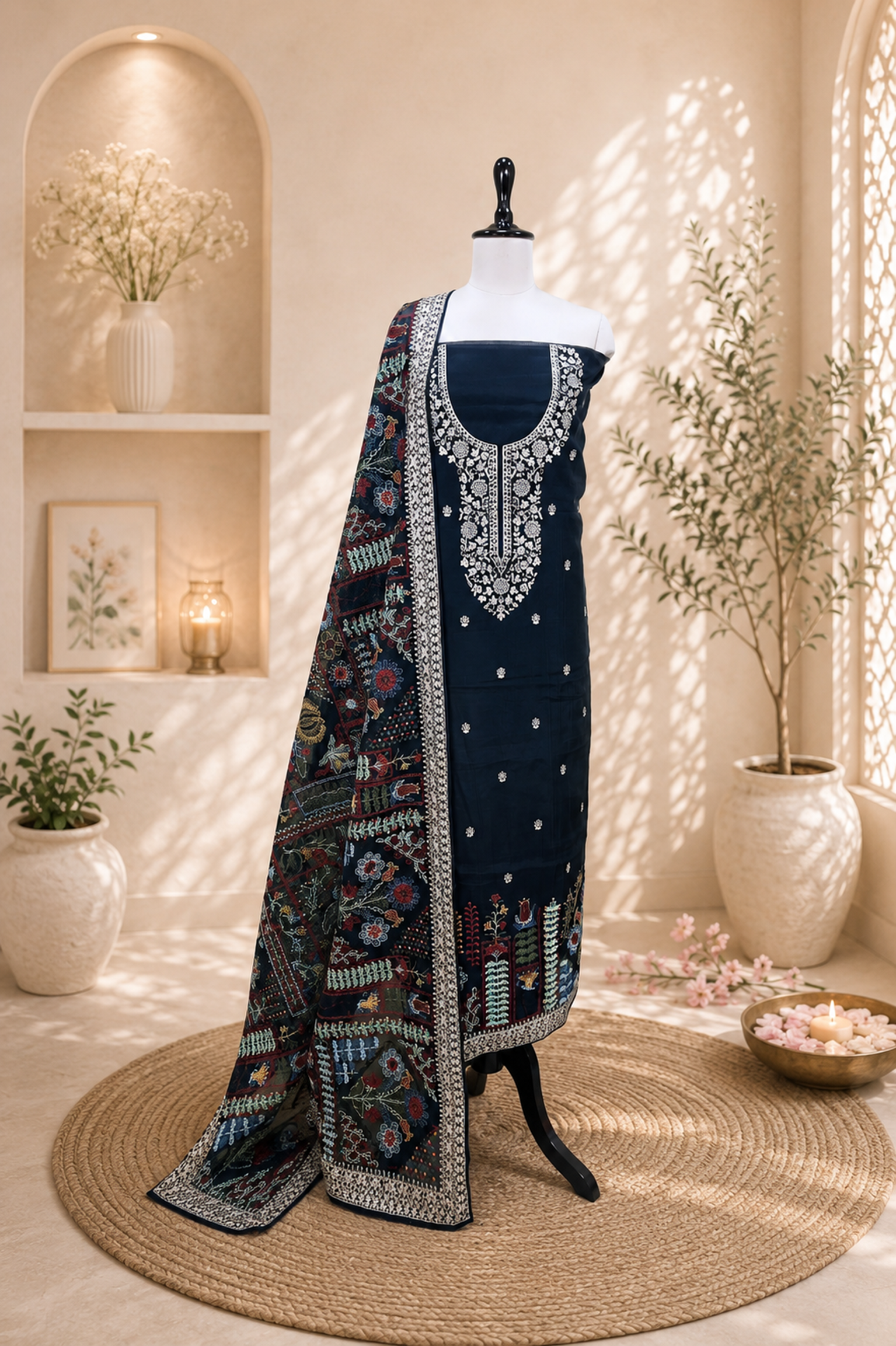 Black Organza Multi Colour Thread Embroidery and Heavy Silver Zari Work Unstitched Suit
