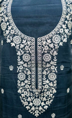 Black Organza Multi Colour Thread Embroidery and Heavy Silver Zari Work Unstitched Suit - Kalamusk