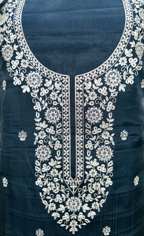 Black Organza Multi Colour Thread Embroidery and Heavy Silver Zari Work Unstitched Suit - Kalamusk