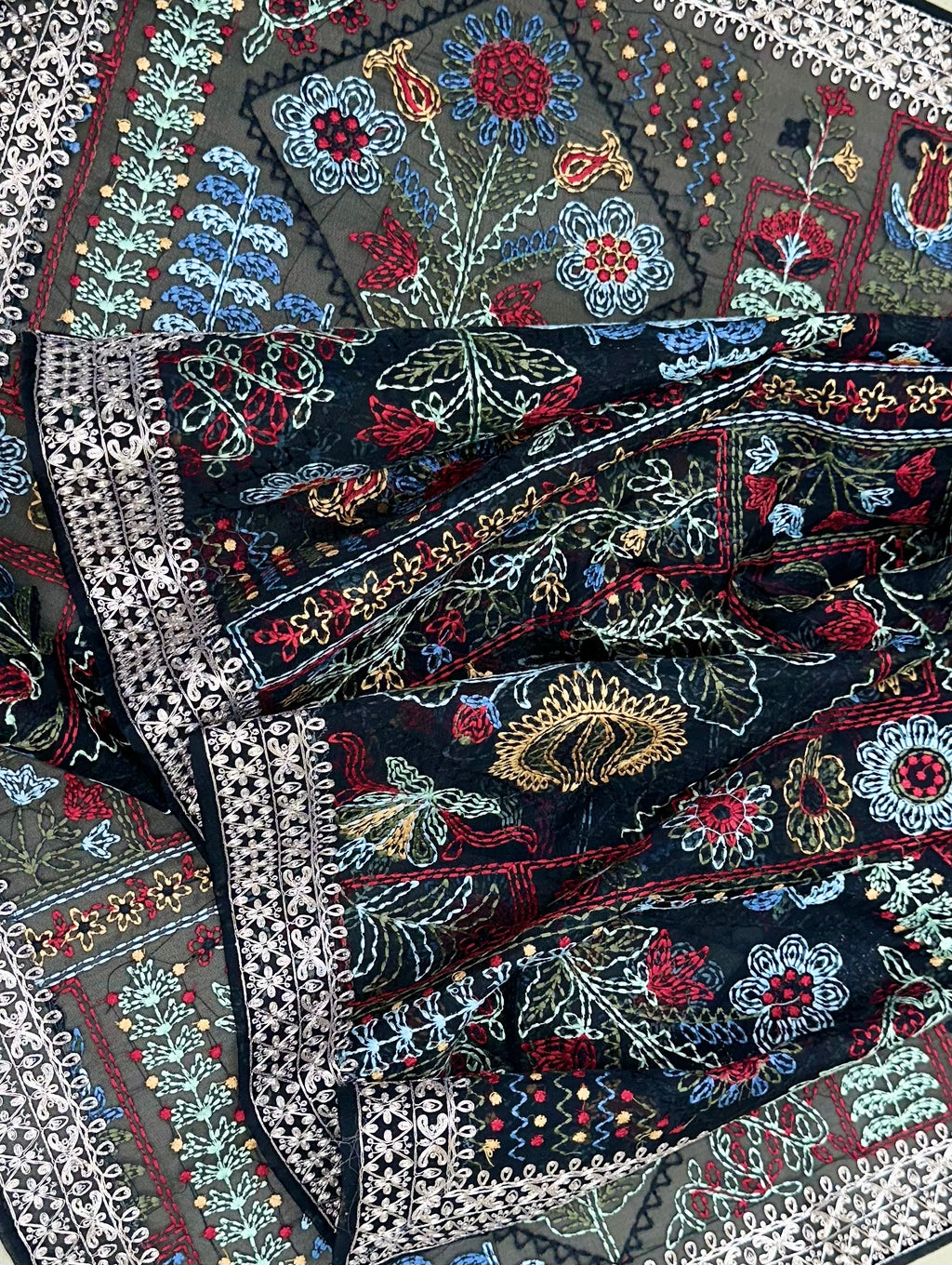 Black Organza Multi Colour Thread Embroidery and Heavy Silver Zari Work Unstitched Suit - Kalamusk