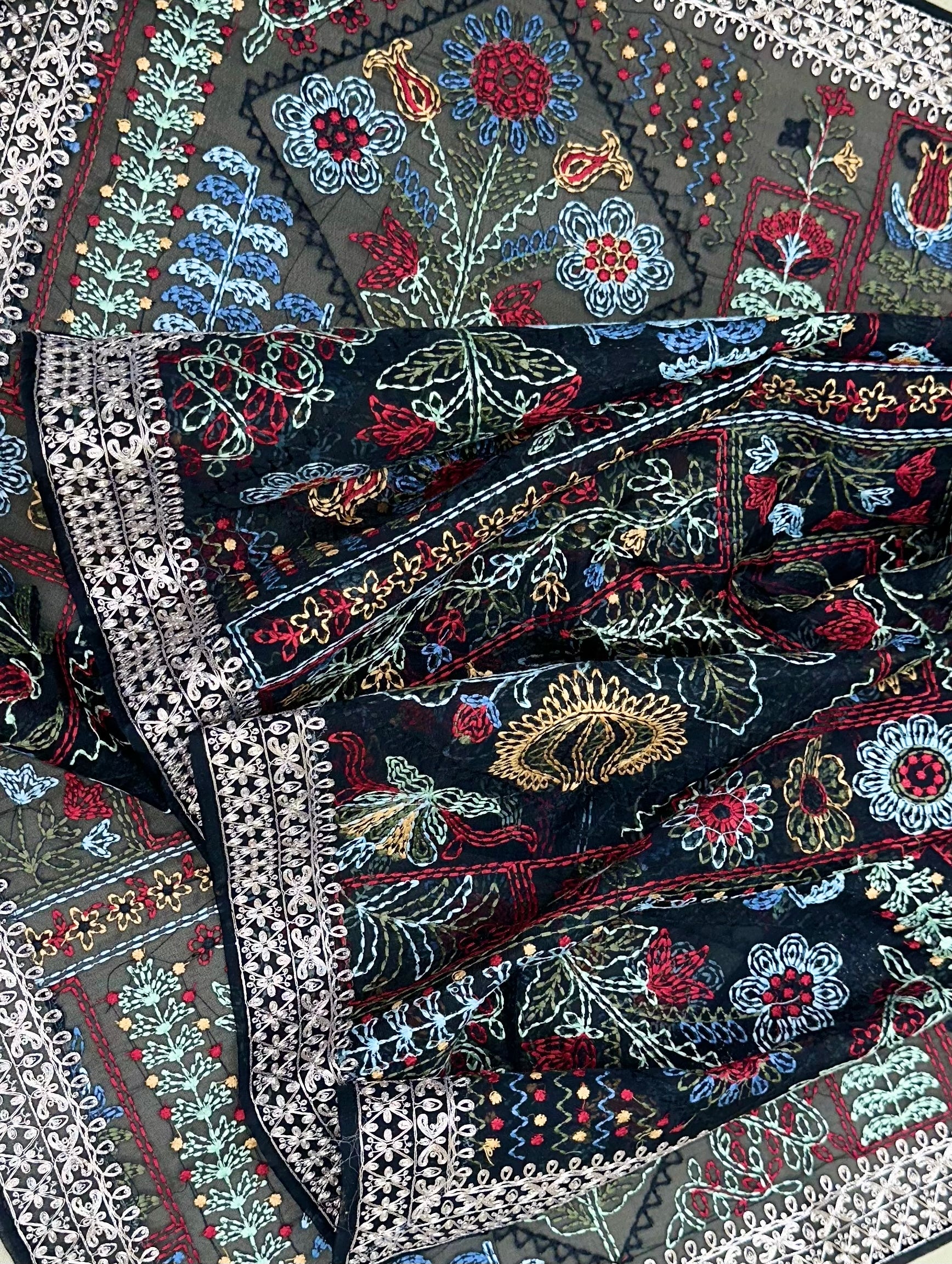 Black Organza Multi Colour Thread Embroidery and Heavy Silver Zari Work Unstitched Suit - Kalamusk