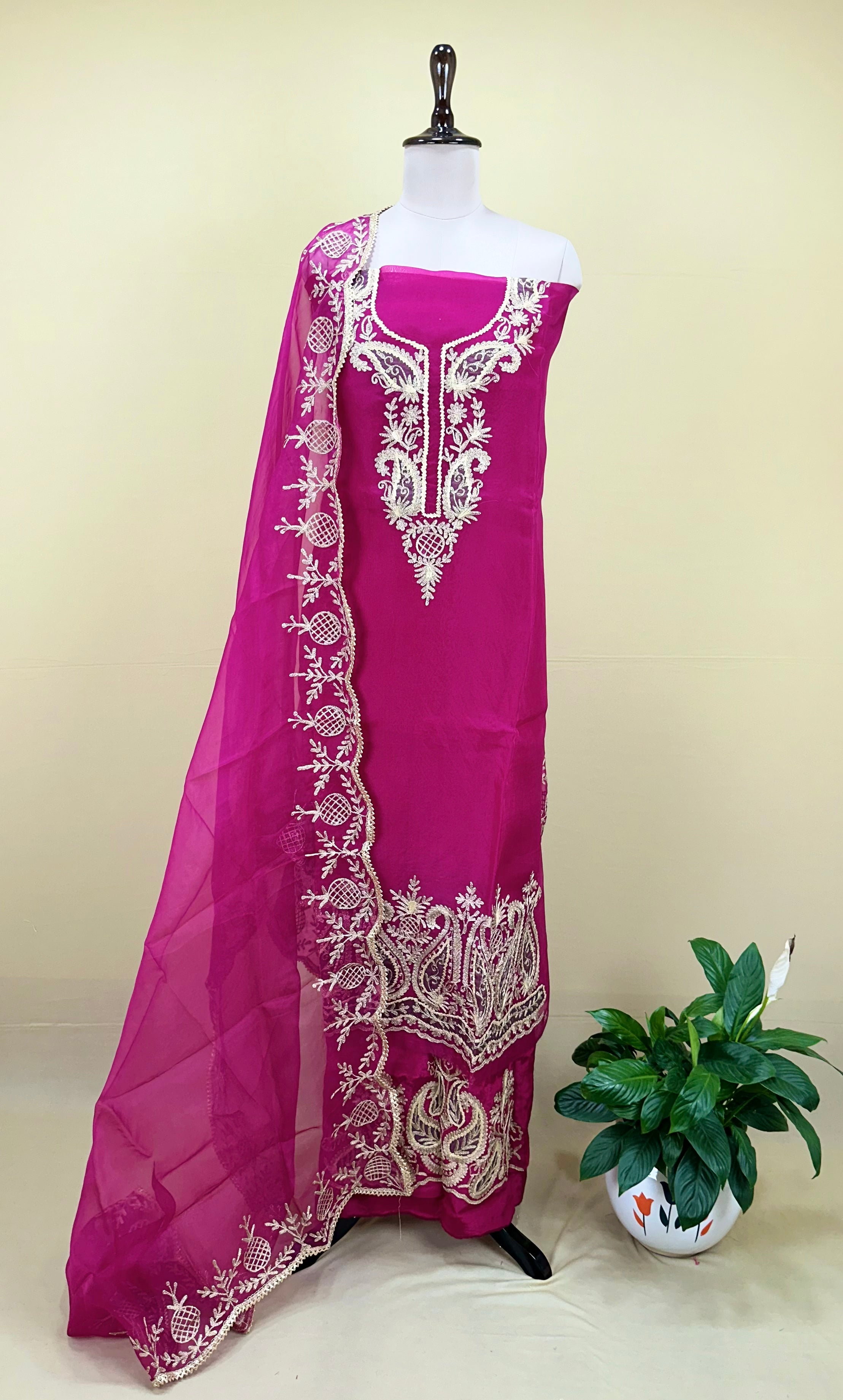 Magenta Pure Organza Featuring Heavy Gold Zari Embroidery Unstitched Suit