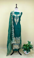 Green Pure Organza Featuring Heavy Gold Zari Embroidery Unstitched Suit