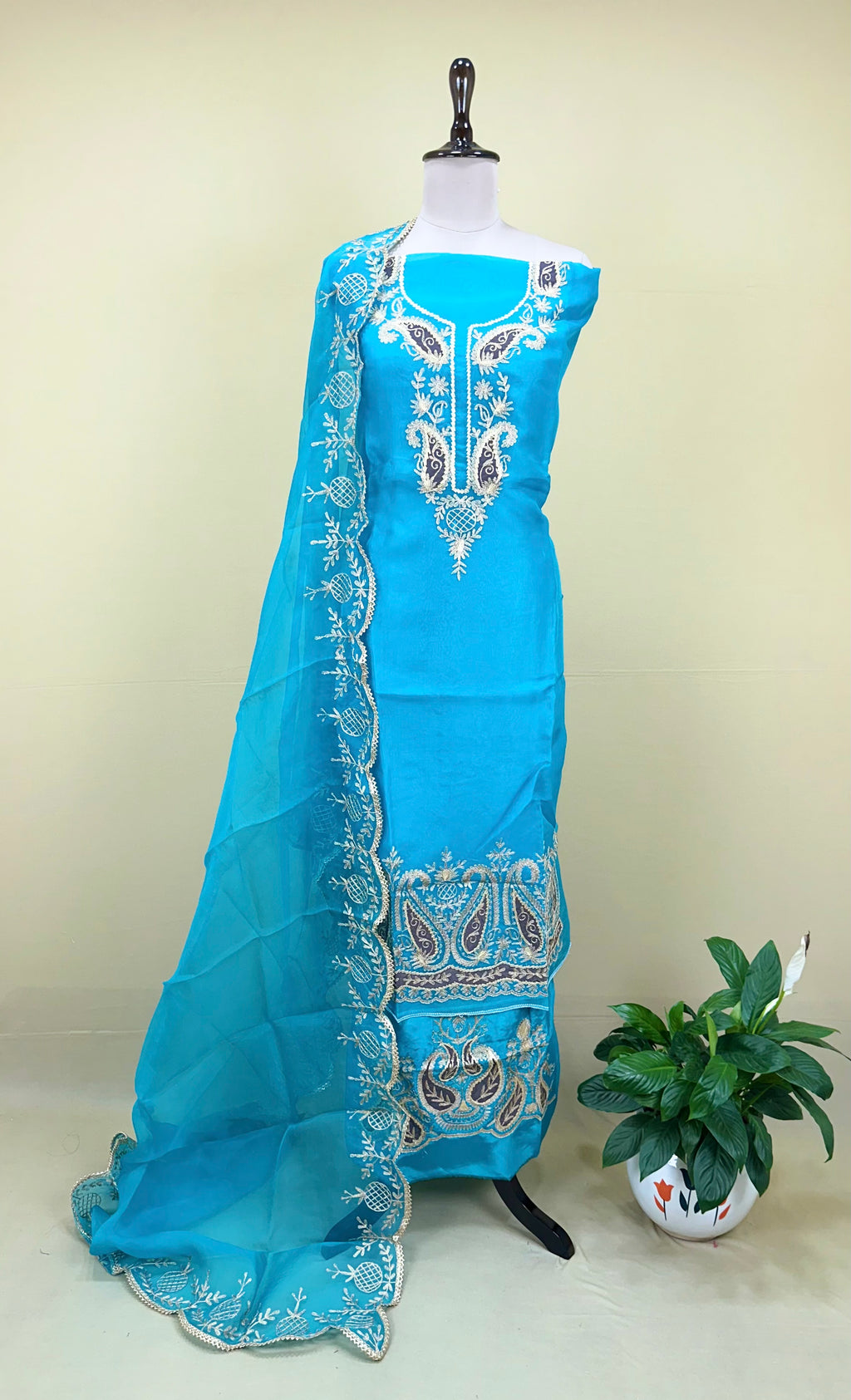 Sky Blue Pure Organza Featuring Heavy Gold Zari Embroidery Unstitched Suit