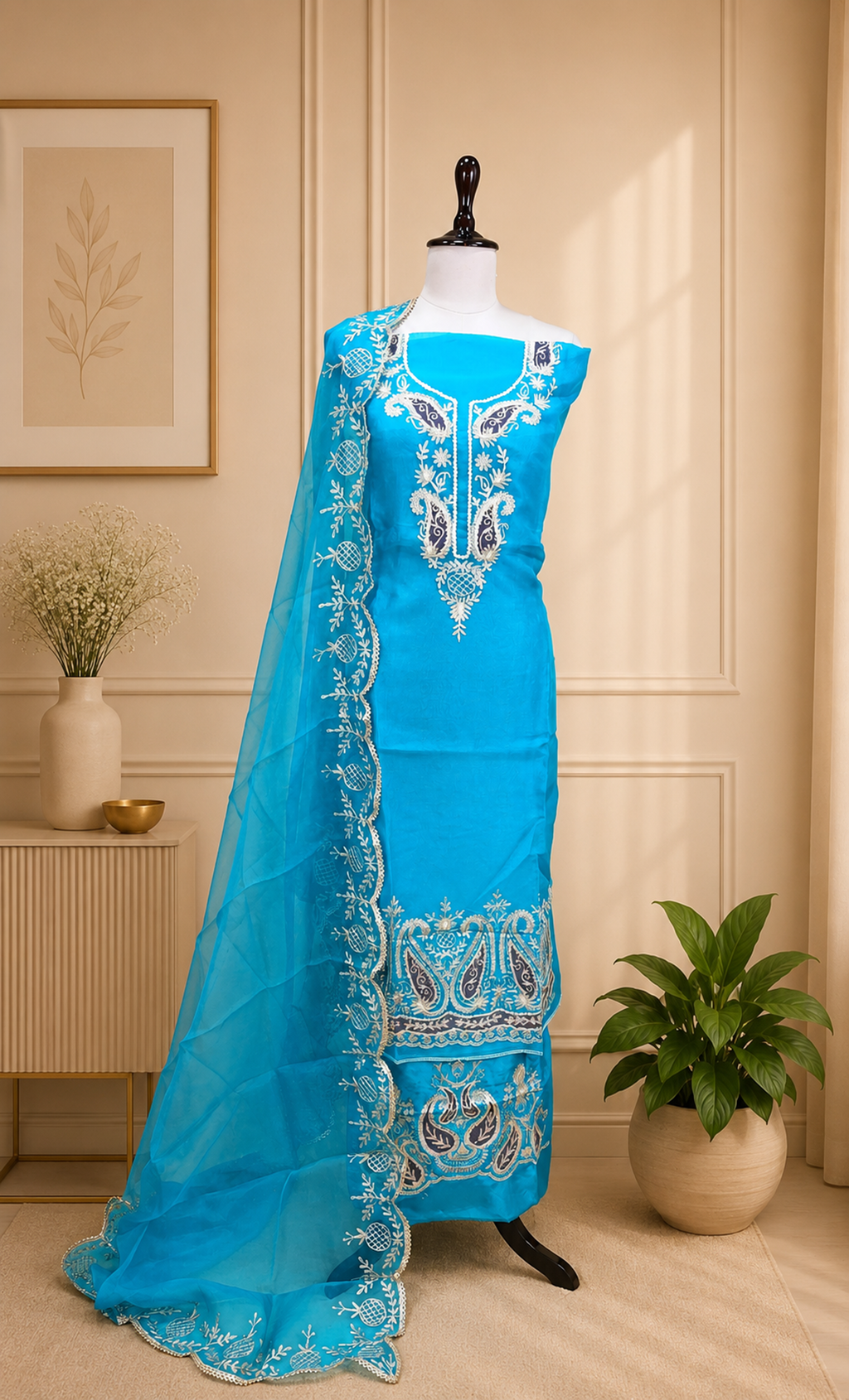 Sky Blue Pure Organza Featuring Heavy Gold Zari Embroidery Unstitched Suit
