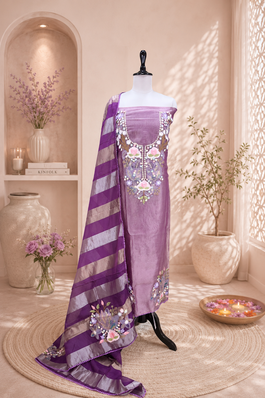 Purple Crush Tissue 3D Floral Embroidery Work Unstitched Suit