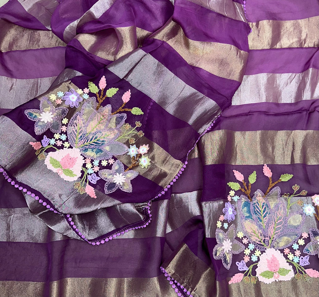 Purple Crush Tissue 3D Floral Embroidery Work Unstitched Suit - Kalamusk