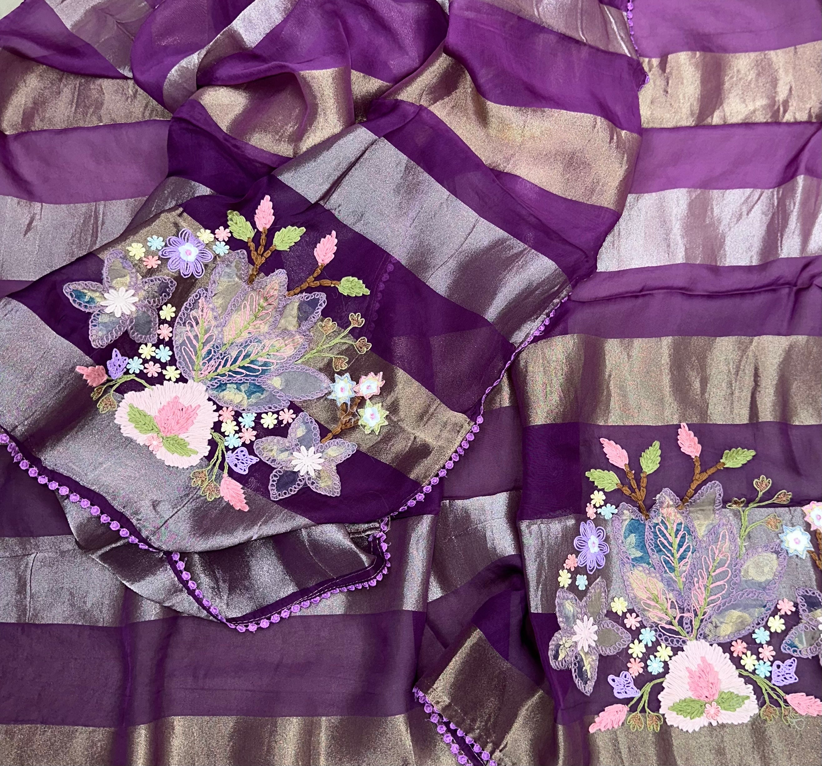 Purple Crush Tissue 3D Floral Embroidery Work Unstitched Suit - Kalamusk