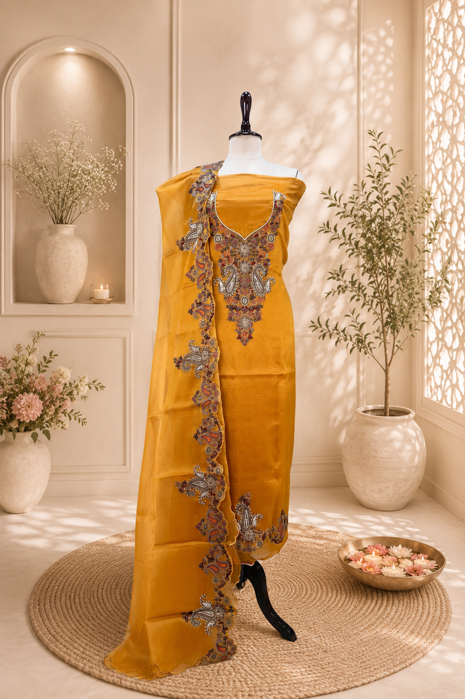 Mustard Pure Organza with Featuring Intricate Traditional Embroidery Unstitched Suit