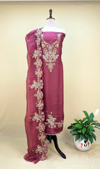 Wine Pure Organza with Featuring Intricate Traditional Embroidery Unstitched Suit