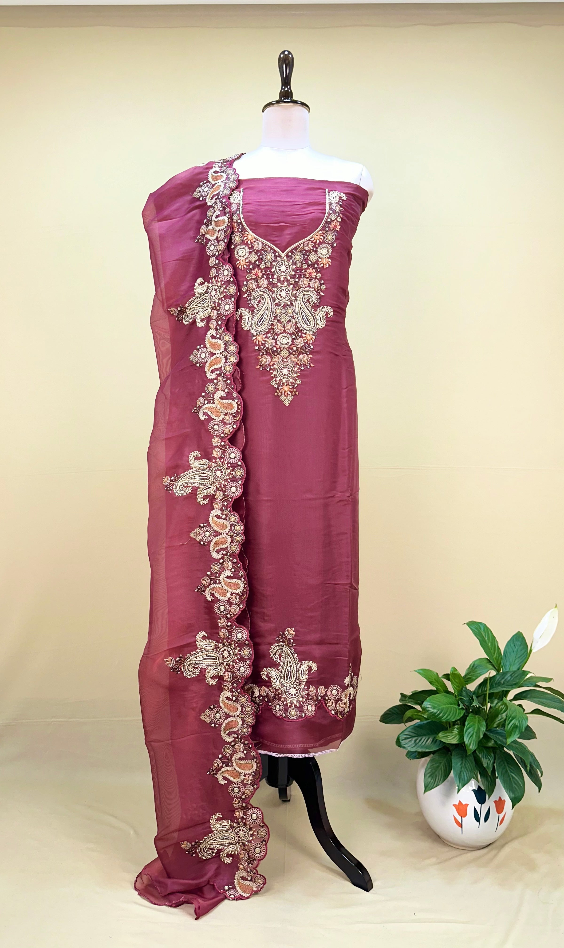 Wine Pure Organza with Featuring Intricate Traditional Embroidery Unstitched Suit