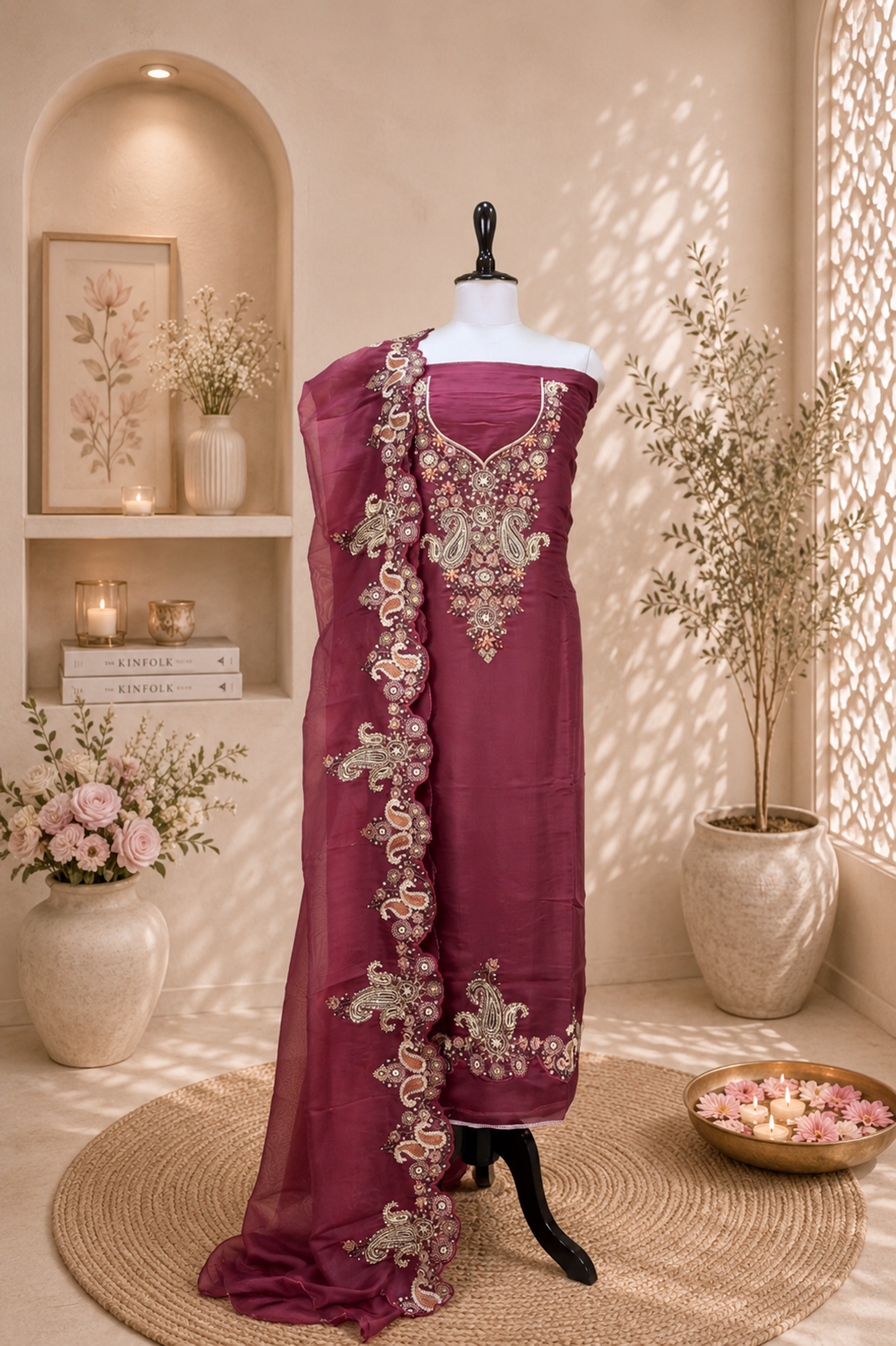 Wine Pure Organza with Featuring Intricate Traditional Embroidery Unstitched Suit