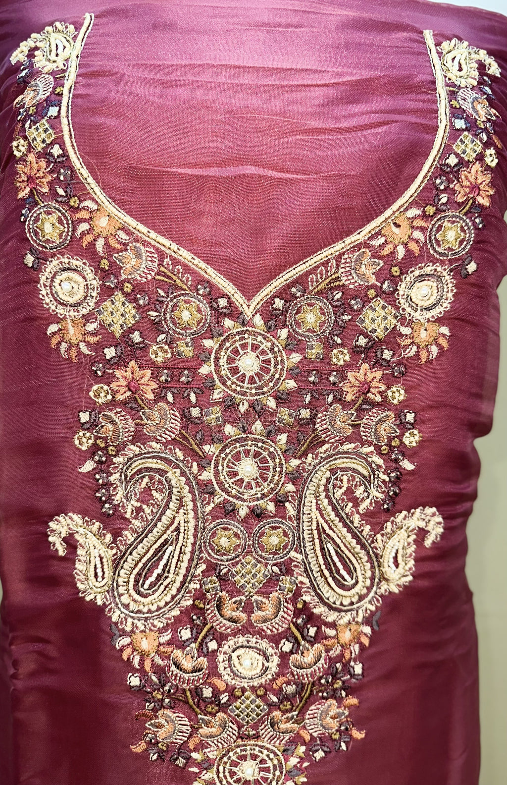 Wine Pure Organza with Featuring Intricate Traditional Embroidery Unstitched Suit