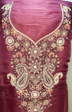 Wine Pure Organza with Featuring Intricate Traditional Embroidery Unstitched Suit