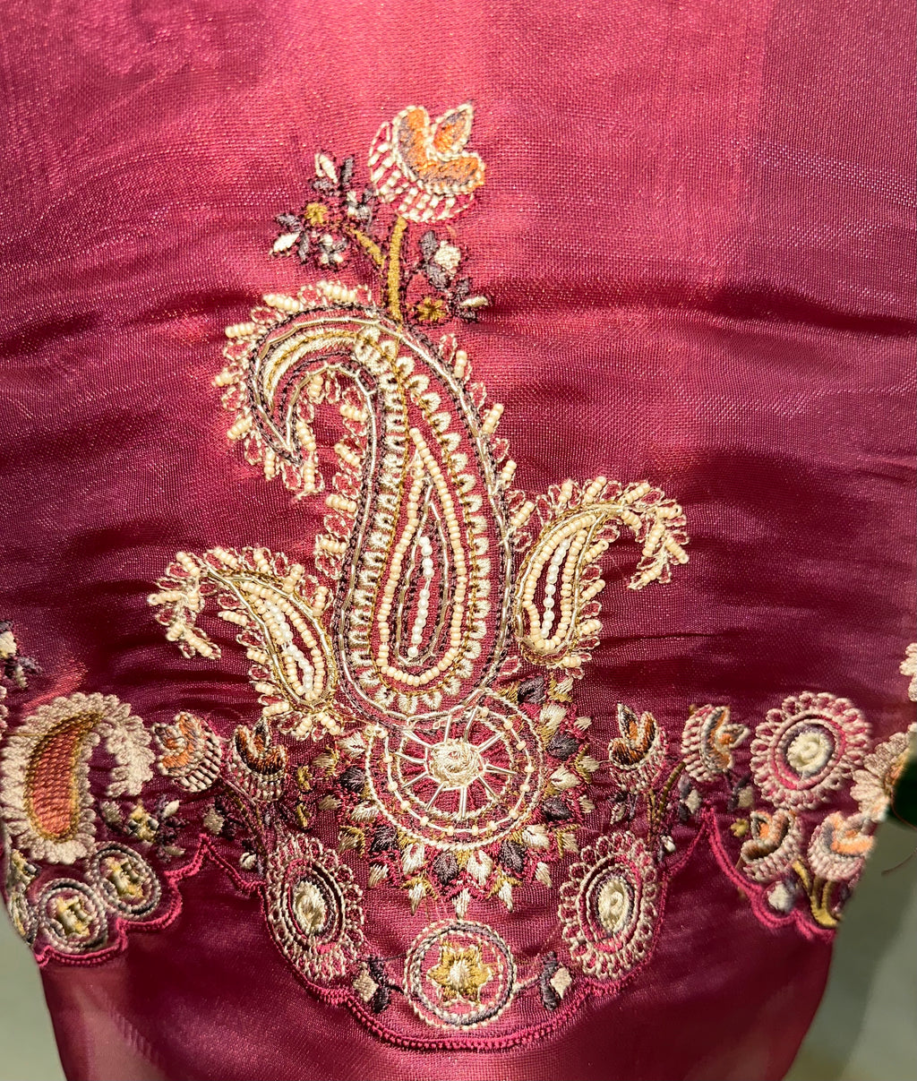 Wine Pure Organza with Featuring Intricate Traditional Embroidery Unstitched Suit
