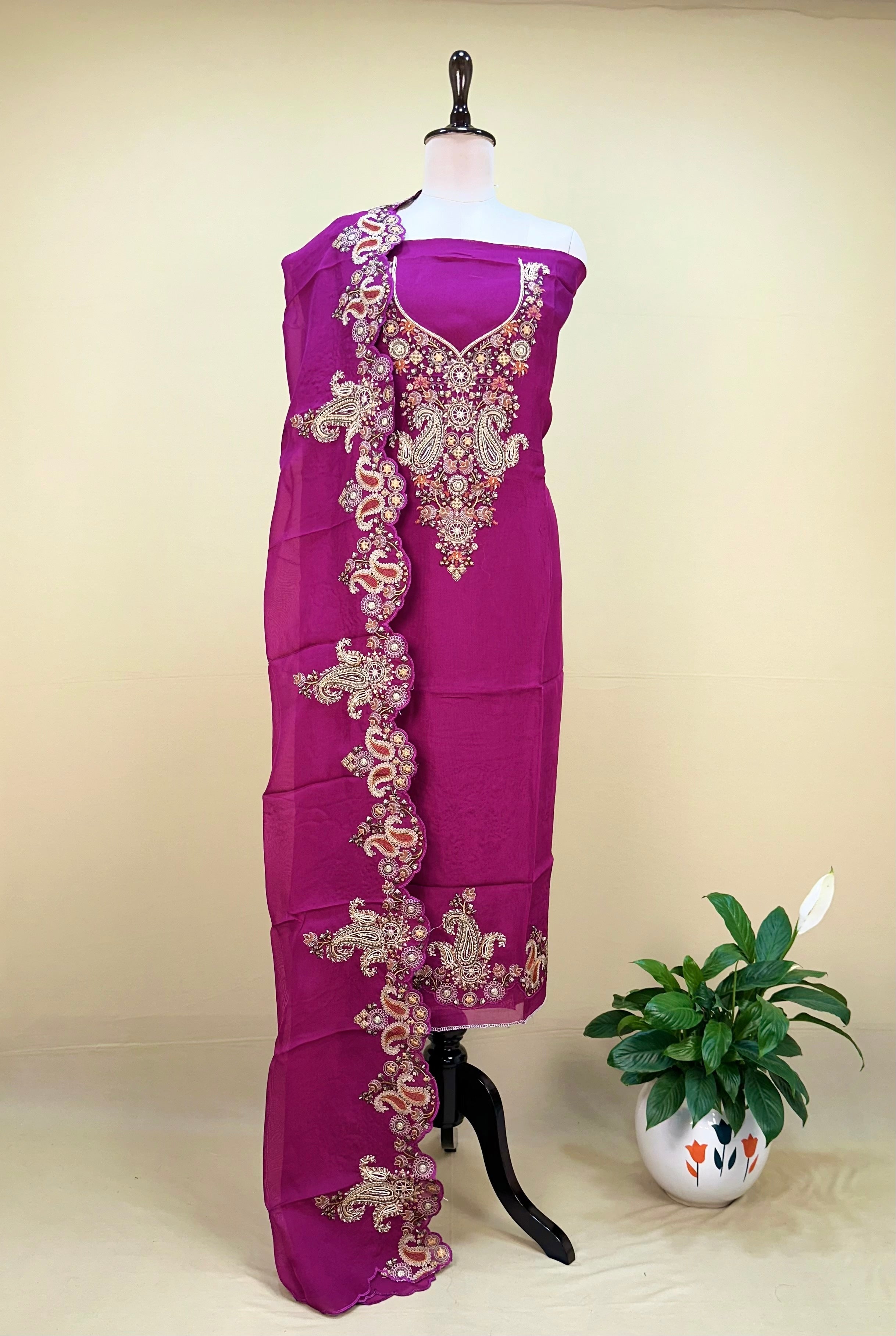 Purple Pure Organza with Featuring Intricate Traditional Embroidery Unstitched Suit