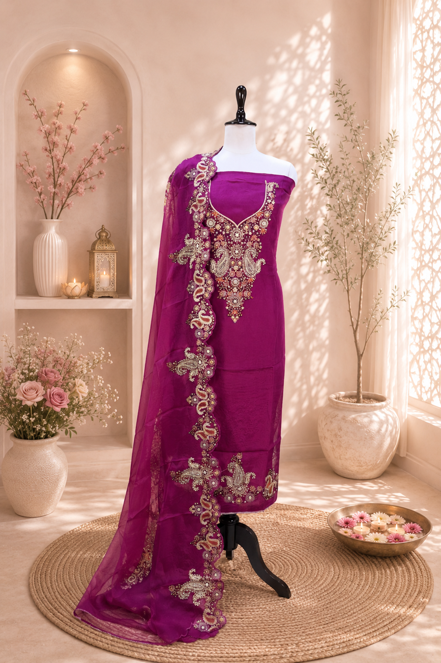 Purple Pure Organza with Featuring Intricate Traditional Embroidery Unstitched Suit