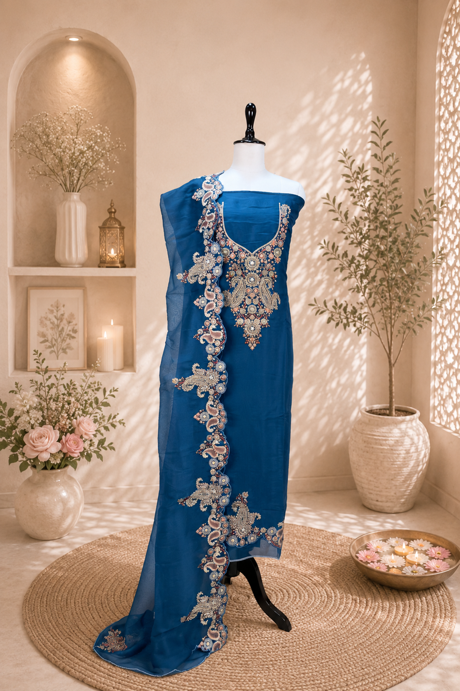 Blue Pure Organza with Featuring Intricate Traditional Embroidery Unstitched Suit