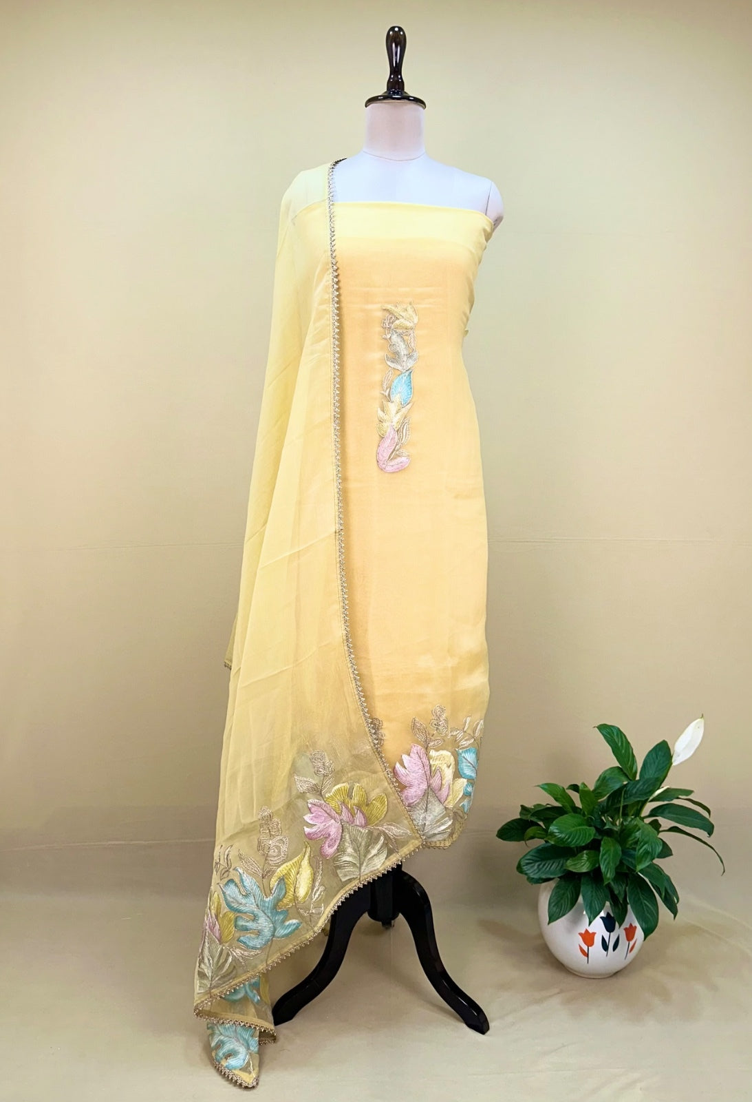 Yellow with Applique Embroidery and Golden Thread Work Unstitched Suit