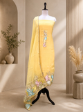 Yellow with Applique Embroidery and Golden Thread Work Unstitched Suit
