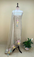 Silver Grey with Applique Embroidery and Golden Thread Work Unstitched Suit