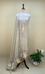 Silver Grey with Applique Embroidery and Golden Thread Work Unstitched Suit