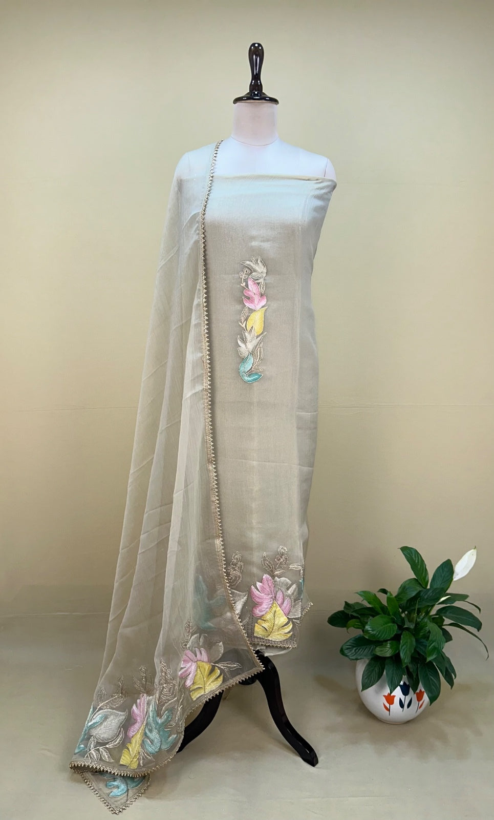 Silver Grey with Applique Embroidery and Golden Thread Work Unstitched Suit