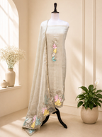 Silver Grey with Applique Embroidery and Golden Thread Work Unstitched Suit