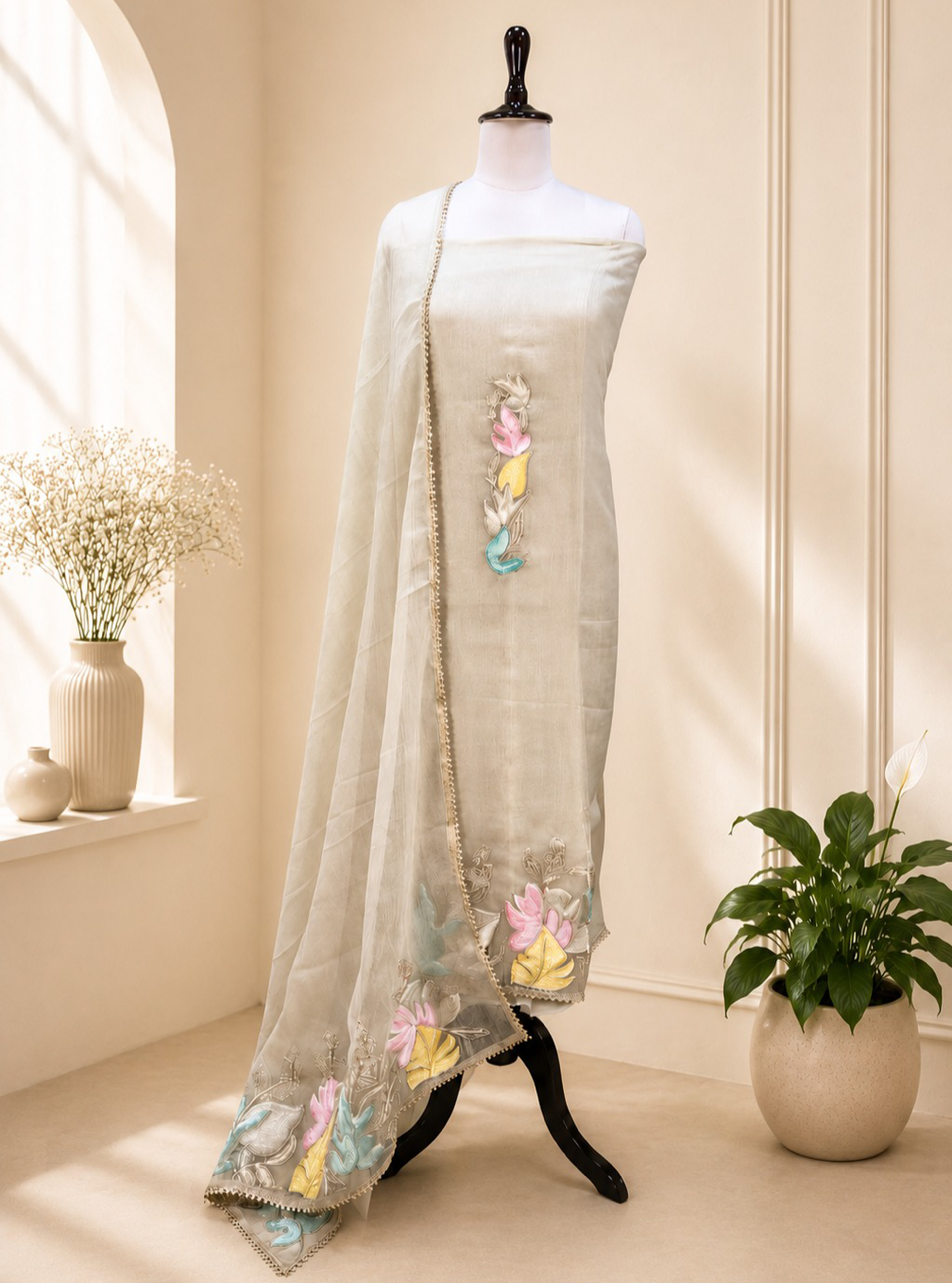 Silver Grey with Applique Embroidery and Golden Thread Work Unstitched Suit
