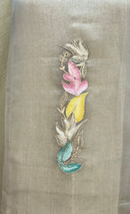 Silver Grey with Applique Embroidery and Golden Thread Work Unstitched Suit