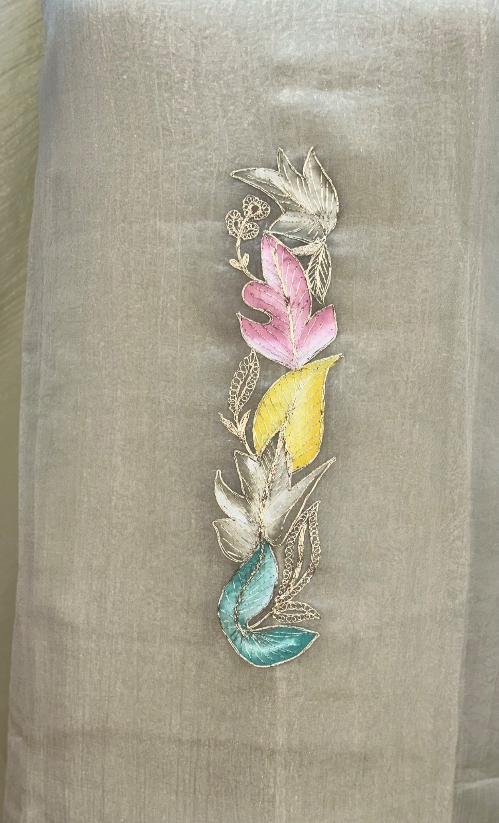 Silver Grey with Applique Embroidery and Golden Thread Work Unstitched Suit