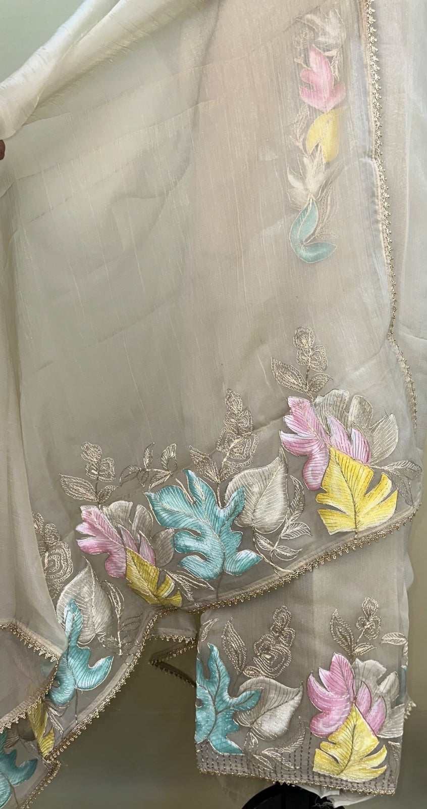 Silver Grey with Applique Embroidery and Golden Thread Work Unstitched Suit