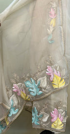 Silver Grey with Applique Embroidery and Golden Thread Work Unstitched Suit