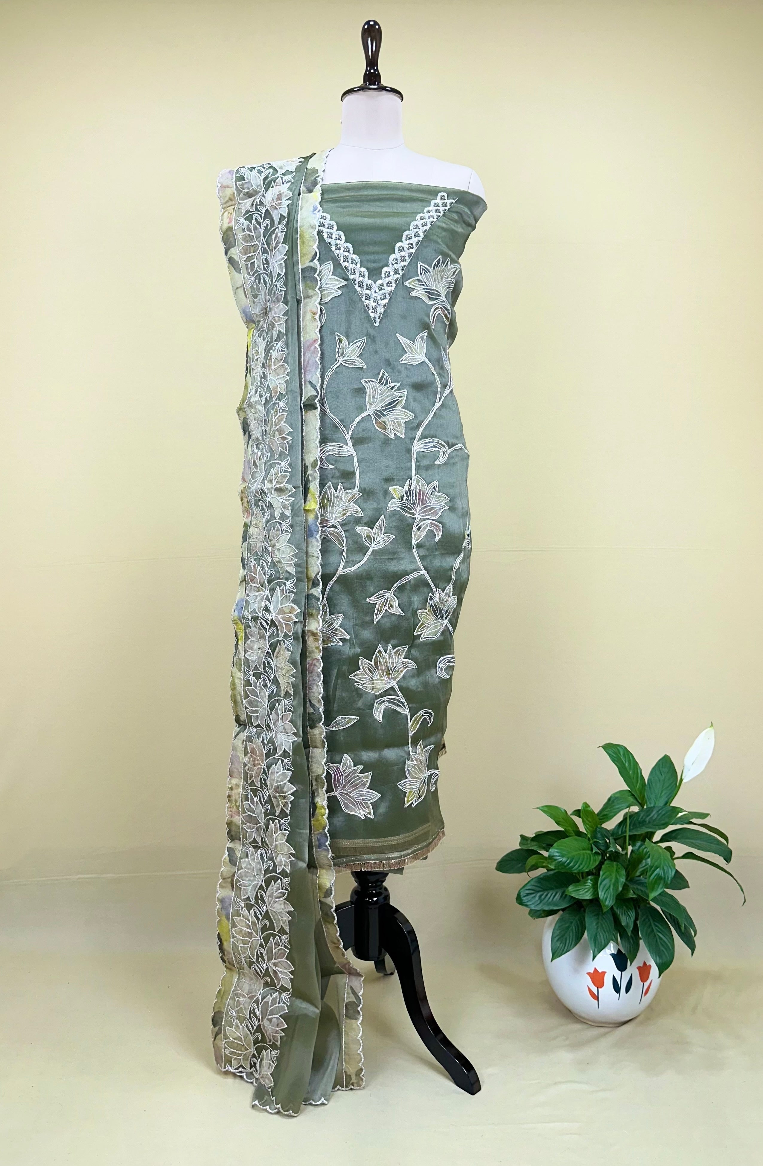 Green Pure Tissue Featuring Floral Embroidery and Shimmering Sequined Applique