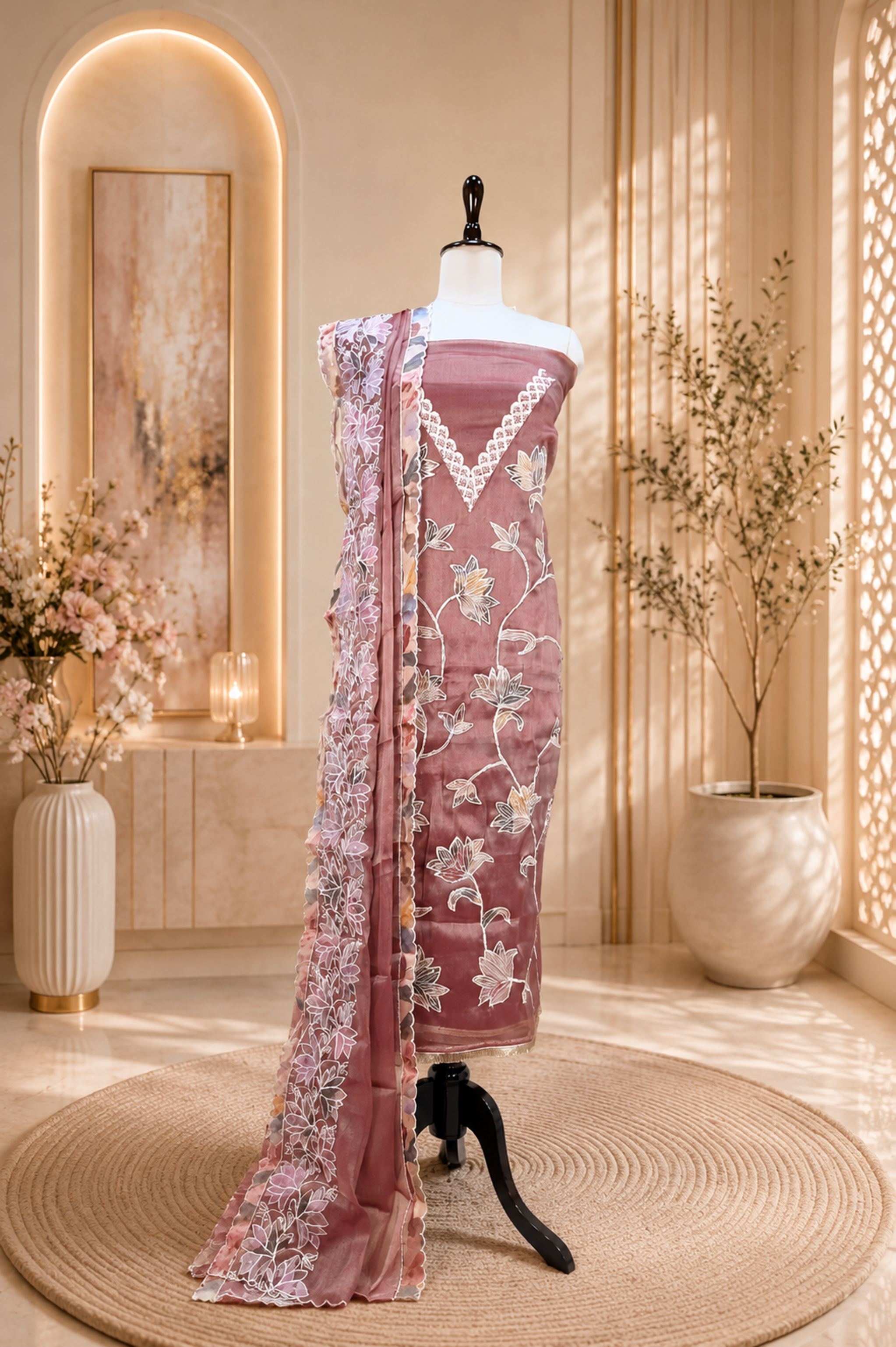 Onion Pure Tissue Featuring Floral Embroidery and Shimmering Sequined Applique