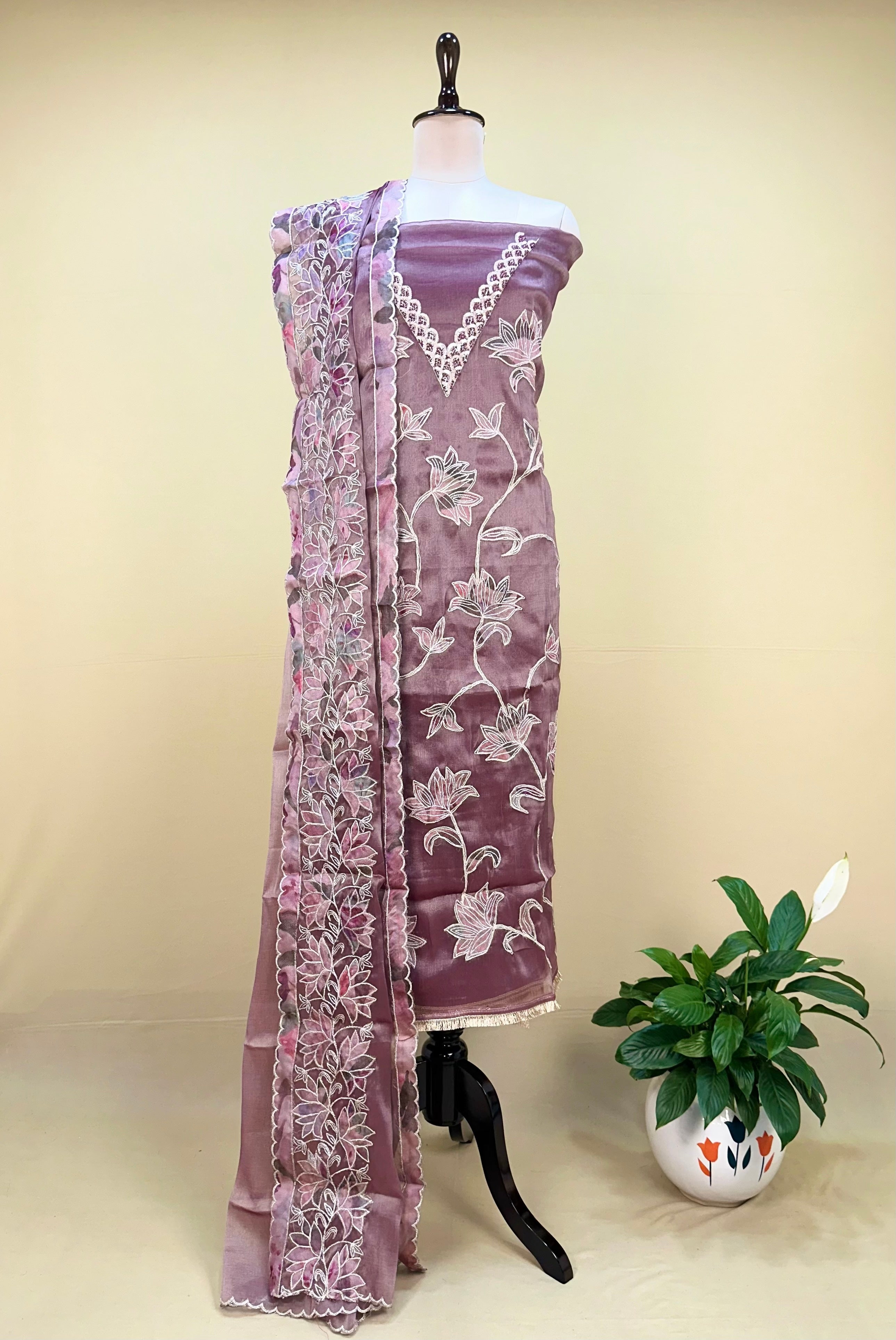 Purple Pure Tissue Featuring Floral Embroidery and Shimmering Sequined Applique