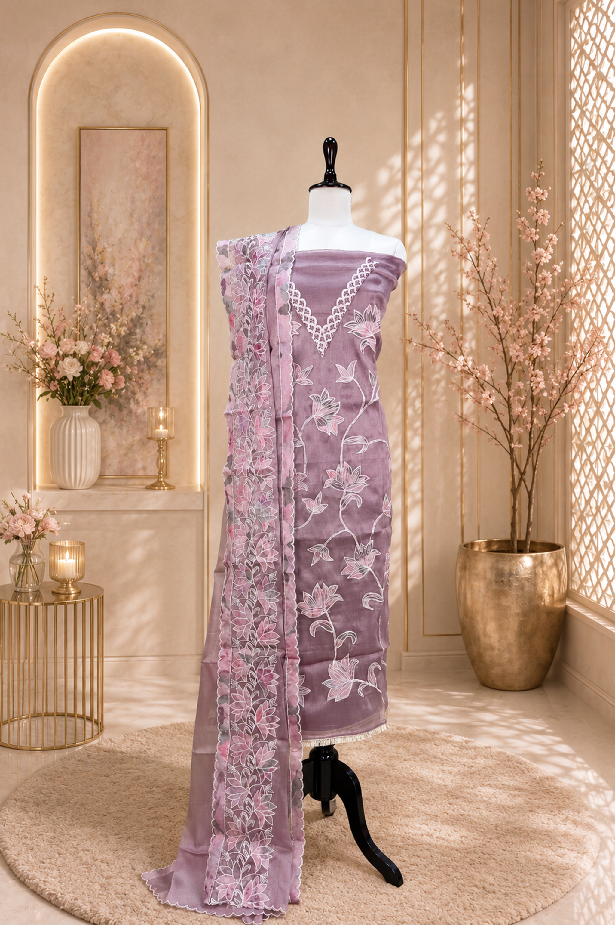 Purple Pure Tissue Featuring Floral Embroidery and Shimmering Sequined Applique